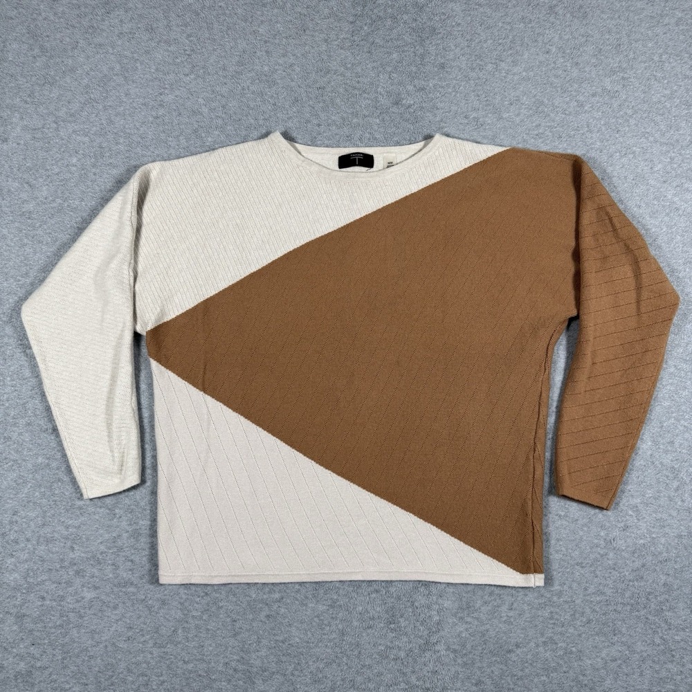 Tahari Women's Sweater M Tan Cream Colorblock Ribbed Knit Pullover Long Sleeve